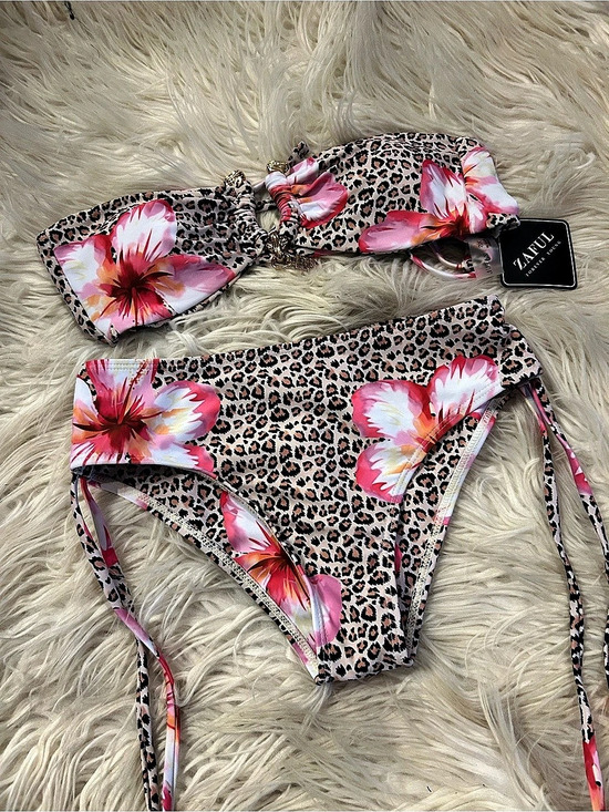 Zaful Other - Leopard Hibiscus Print Gold-Tone Clasp High Waist Bikini Set